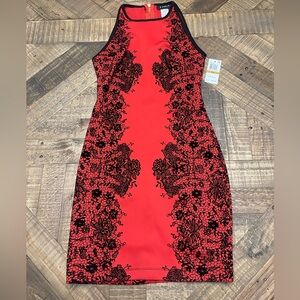B Darlin Red Dress with Black Lace Overlay